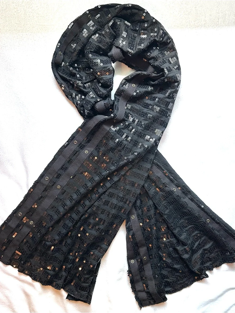 Free People Black Sequin Stripe Long Scarf 20”x70” Snap details Glam Boho New